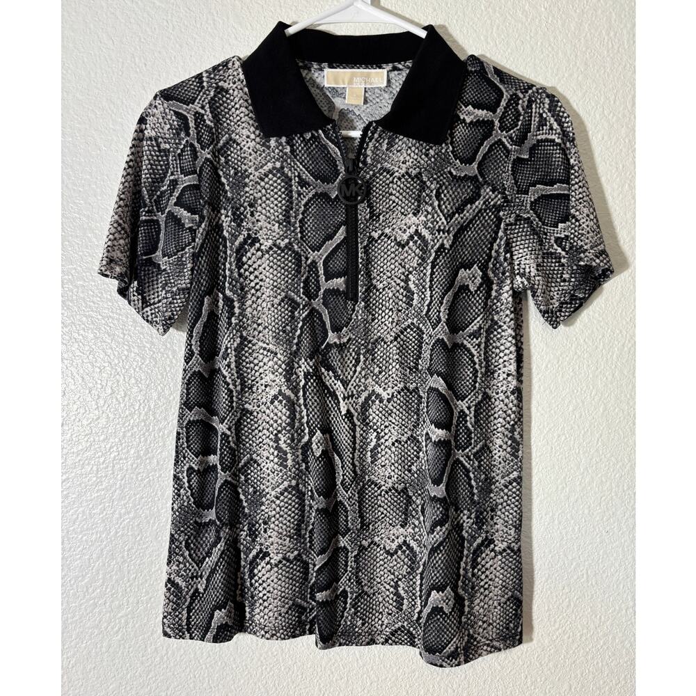 Michael Kors Women's Zip Polo Size S Snakeskin Black White Short Sleeve Shirt